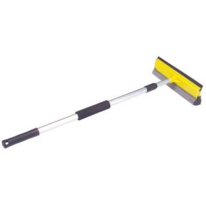 An AUTO SQUEEGEE with a 29" to 50" extendable aluminum handle, featuring a yellow blade and black handle grip, along with a mesh scrubber on the opposite side.