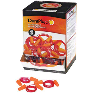 Box of DURAPLUG FOAM CORDED EAR PLUGS, featuring orange foam earplugs with red cords. The box, labeled "100 PAIRS OF INDIVIDUALLY," specifies a Noise Reduction Rating (NRR) of 32 decibels.