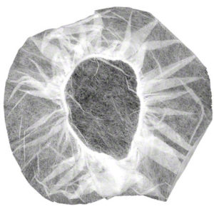 A close-up image of a 21" white bouffant hair net made from gray porous polypropylene fabric, featuring a distinct inner section and radiating white lines.