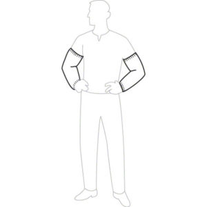 Illustration of a person standing with hands on hips, wearing a shirt and pants, and featuring dark-colored TYVEC STYLE 18" sleeve elastic ends on the upper arms.