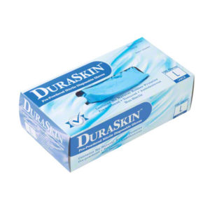 A box of DuraSkin blue nitrile disposable gloves, size large, containing 100 non-powdered gloves per box. The packaging is primarily blue and white.