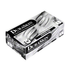 Box of Bioskin non-powdered latex disposable gloves, size large, 100 count. The box is white with black text and features an image of the gloves.