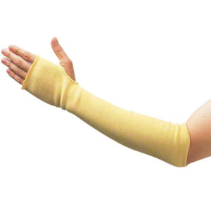 A person's outstretched arm wearing the 14-inch 100% KEVLAR SLEEVE (2814KVT) with a thumb hole.