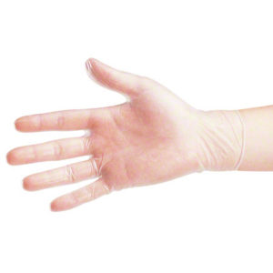 A hand wearing a large, transparent vinyl glove from the BIOSKIN GLOVES VINYL 5 MIL NONPOWDERED collection is shown open with fingers spread apart against a white background.