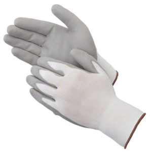 A pair of GLOVES LARGE NITRILE PALM COATED KNIT WRIST - DOZEN in white with grey palms and fingers, showing both the front and back sides.