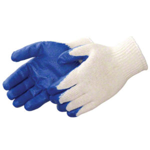 A pair of 10 Gauge work gloves with a natural white shell and blue latex coating on the palms and fingertips.