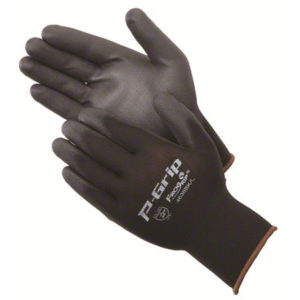 A pair of GLOVES LARGE BLACK ULTRA THIN POLYURETHANE PALM COATED WITH elastic cuffs, shown against a white background.