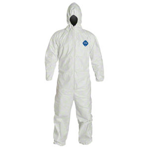 Person wearing a TYVEK XL COVERALL with an attached hood, white, covering the entire body from head to ankles.