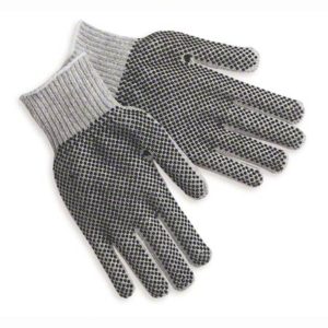 A pair of GLOVES MENS DOTTED WHITE LARGE BLACK DOTS, featuring a black dotted grip pattern on the palms and fingers, designed for work or handling tasks. One glove is resting on top of the other.