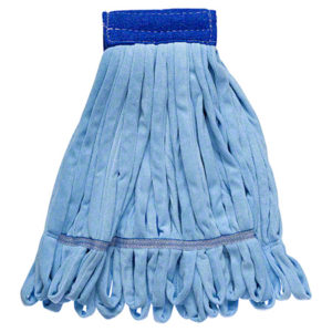 A BLUE MICROFIBER TUBE MOP with long, soft strands and a blue fabric band at the top.