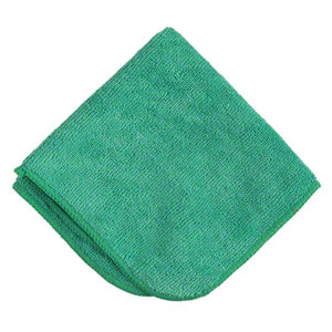 A 12"x12" MICROFIBER CLOTH GREEN, folded in half diagonally and placed on a white background.