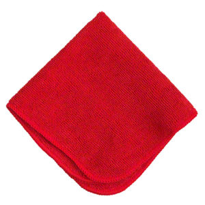 A 12"x12" MICROFIBER CLOTH RED, neatly folded, on a white background.