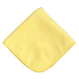 The 12"x12" MICROFIBER CLOTH YELLOW is displayed against a white background, showcasing its neatly stitched edges.