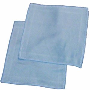 Two 16"x16" light blue M-GLASS specialty microfiber cloths, stacked slightly askew on a white background.