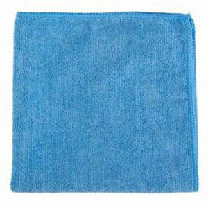 A 16"x16" blue microfiber cloth with a stitched edge.