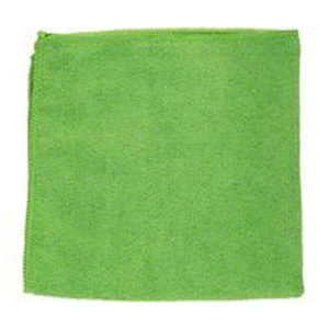 A 16"x16" green microfiber cloth with neatly stitched edges.