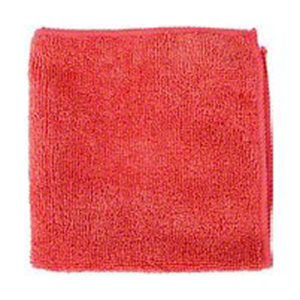 A folded 16"x16" red microfiber cloth is displayed against a white background.