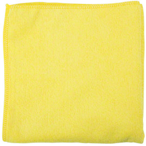 A neatly folded 16"x16" yellow microfiber cloth.