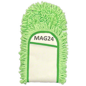 A 24" microfiber dust mop head with green and white loops and text "MAG24" printed on it.