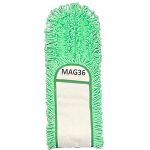 A 36" microfiber dust mop head in green, identified as "MAG36MFL-36LOOP-GR-SSlagasse," with looped yarn ends and a rectangular white patch in the center.