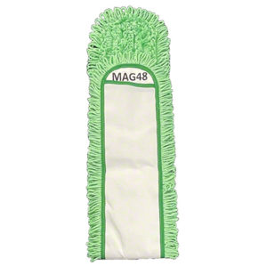 A 48" microfiber dust mop head with 1.5" green loops, labeled "MAG48MFL-48LOOP-GR-SS," featuring a white center and looped yarn edges for cleaning purposes.