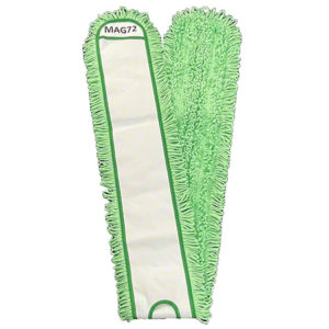 A green microfiber dust mop head with a rectangular shape, white interior, and fringes on each side. It features a labeled tag "MAG72" at the top and is 72 inches long.