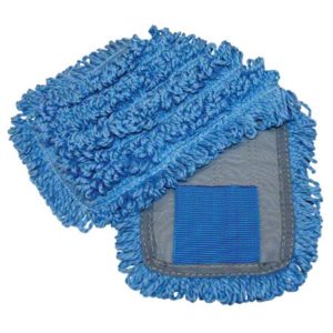 The image shows a WAVE TAB BLUE MICROFIBER HEAD with fringe edges. One head is partially flipped, revealing a gray backing with a blue fastener strip.