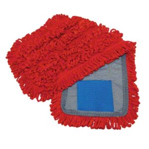 The WAVE TAB RED MICROFIBER HEAD is a red dust mop pad with fringes, featuring a blue cleaning area on a gray backing, designed for attaching to a mop handle.