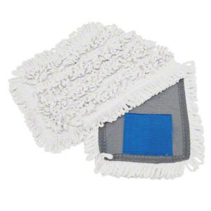 The WAVE TAB WHITE MICROFIBER MOP HEAD is shown in gray and blue with fringed white edges, partially folded to reveal its underside.