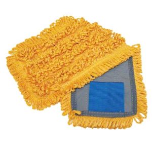 A WAVE TAB YELLOW/WHITE MICRO-FIBER HEAD, featuring a rectangular yellow mop head with fringe edges and a blue interior patch, is shown with one corner flipped up.