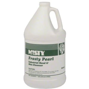 A white gallon bottle labeled "FROSTY PEARL SOAP" with caution warnings and a green stripe on the label.