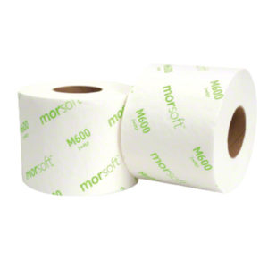 Two rolls of MORSOFT TOILET TISSUE SINGLE ROLL, 2-ply with green text on the white paper.