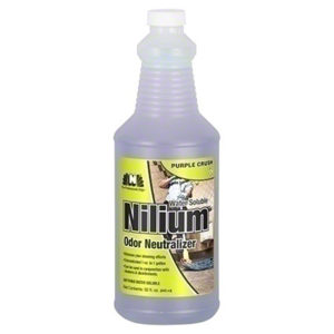 A bottle of NILIUM PURPLE CRUSH DEODORIZER, featuring a white cap and a yellow-green label that displays the brand name, product type, and usage instructions. The bottle has a capacity of 32 oz (946 mL).