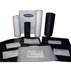 Various rolls of LINER 24"x32" BLACK .35 MIL1000/CS - 15 GAL, CORELESS ROLL plastic sheeting in black color are displayed alongside a company catalog and several sheets with labels.