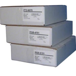 Three stacked white cardboard boxes labeled LINER 24"x32" BLACK 1 MIL INDIVIDUALLY FOLDED, 250/cs, 12-16 GAL, depicting the product dimensions and color.