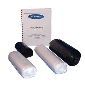 Four rolled plastic bags, three white and one black, are placed in front of a Noramco Product Catalog featuring the LINER 24"x33" BLACK 8 MICRON CORELESS ROLLS, available in cases of 1000 for 12-16 gallon containers.