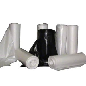 Several rolls of LINER 33"x40" BLACK 16 MICRON CORELESS ROLLS, 250 per case, 33-gallon garbage bags are standing and lying against a plain background.