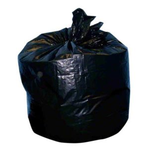 A filled LINER 43" X 60" BLACK 1.5MIL CORELESS ROLL, tied securely at the top, containing unknown contents.