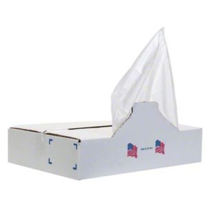 A box adorned with American flag graphics and "Made in the USA" text, containing LINER 38"x58" CLEAR 1.5 MIL100/CASE, with a white tissue protruding from the top.