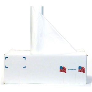 A clear liner roll labeled as "LINER 24"x32" CLEAR .7 MIL INDIVIDUALLY FOLDED 500/CASE" is partially pulled out from a white box adorned with "Made in the USA" text and American flags.