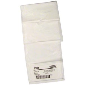 A folded clear trash bag with labeled packaging reading "40" x 48", 1.1 mil, 125/case.