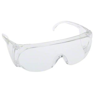 OTG safety glasses with clear lenses and frames featuring a wraparound design, side shields, and vented temples.