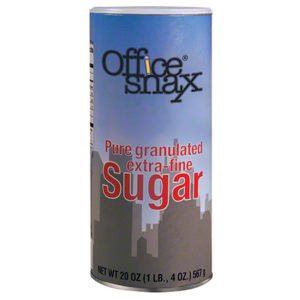 A cylindrical 20 oz container of SUGAR from Office Snax, featuring pure granulated extra-fine sugar with a blue label showcasing a cityscape silhouette.