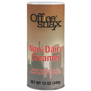 A cylindrical canister of NON DAIRY CREAMER RECLOSABLE CANISTER, 12 oz (340g), with text stating "Always delivering a rich, creamy taste to your coffee!