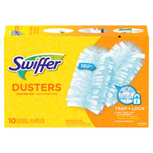 A pack of SWIFFER DUSTER REFILLS contains 10 unscented dusters featuring a "Trap + Lock" design for capturing dirt, dust, and hair.