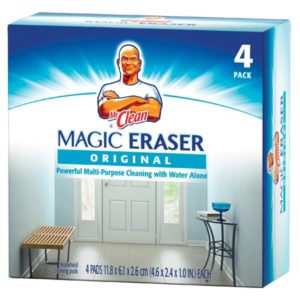 A box of MR CLEAN ORIGINAL MAGIC ERASER1, containing 4 cleaning pads designed for powerful multi-purpose cleaning with just water.