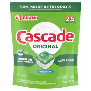 Image of a CASCADE ACTION PACS FRESH SCENT pack, containing 25 ActionPacs. The packaging highlights "50% more ActionPacs," "Tough on Greasy Messes," and "Low Price." Fresh scent and 385g (13.5 oz).