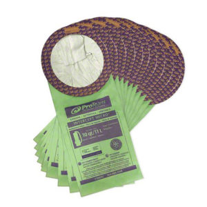 A set of ProTeam Super Coach Backpack vacuum bags with a 10-quart capacity, fanned out to display multiple units. Each bag is green with a purple collar.