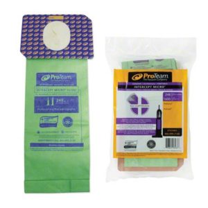 PROTEAM UPRIGHT VACUUM BAGS, 10/pk, with one unpackaged and one in sealed packaging, designed for efficient filtration.