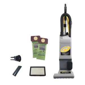 Image of a PROFORCE 1200XP HEPA Upright Vacuum with Attachments. The vacuum is gray with yellow accents and features a hose attached to the back. The brand logo and HEPA label are visible on the front.